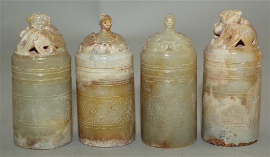A Chinese archaistic burnt white and russet jade seal box and cover, width 12cm, height 14cm, wood stand
